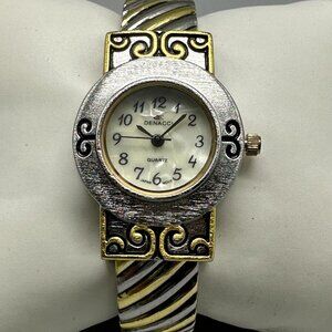 3/$30 Denacci Watch Women Silver Gold Two Tone Ribbed Hinged Cuff Band